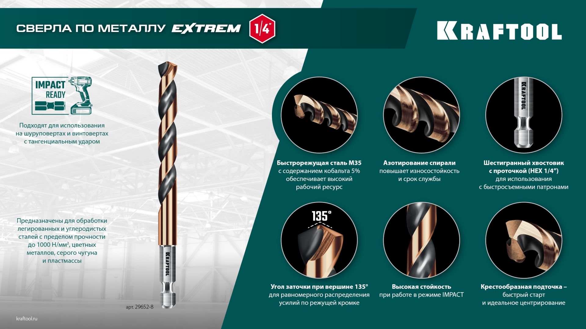 Сверло по металлу спиральное, шестигранный хвостовик E1/4" 135° Impact Ready Kraftool, быстрорежущая сталь M35 (5% Co) - фото