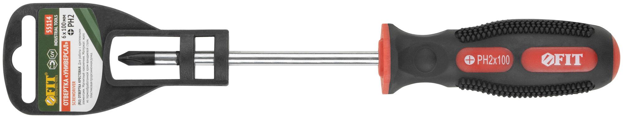 Отвертка с прорезиненной ручкой РН2х100 мм FIT Универсал 55114, хромованадиевая сталь - фото