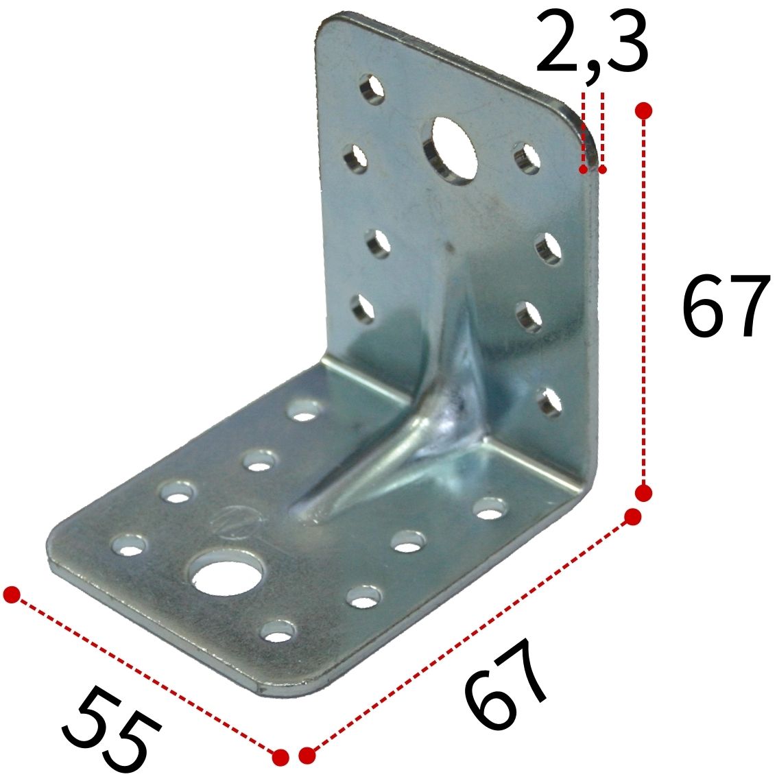 Уголок крепежный усиленный 67х67х55 мм, оцинкованная сталь - фото