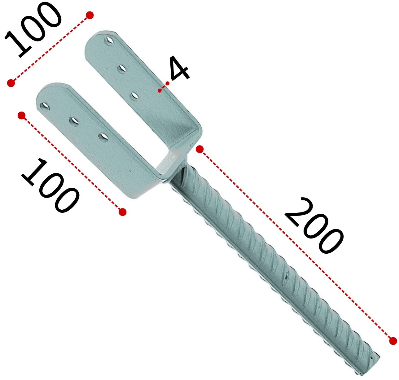 Основание колонны бруса U-образное 100х100х40х20х200 толщина 4 мм Петротех, оцинкованная сталь - фото