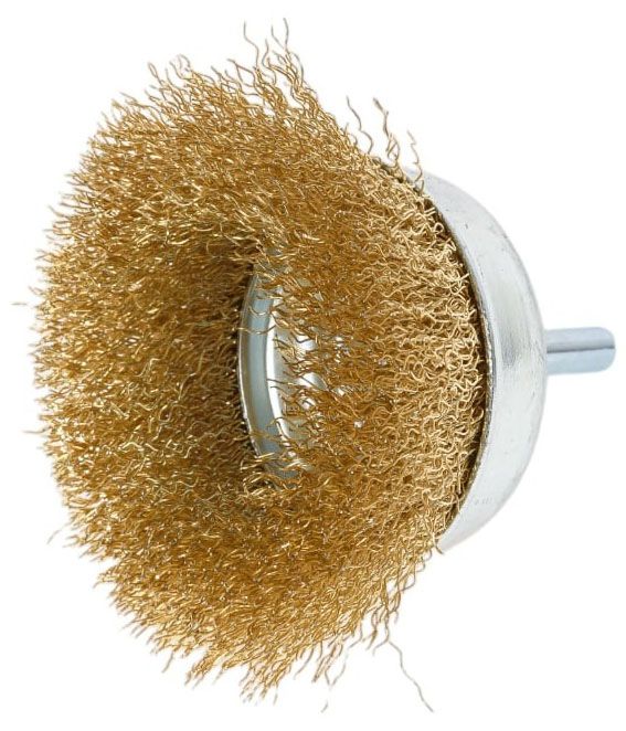 Щетка-крацовка чашечная для дрели 75 мм, витая стальная латунированная проволока, Mirax 35147-075 - фото