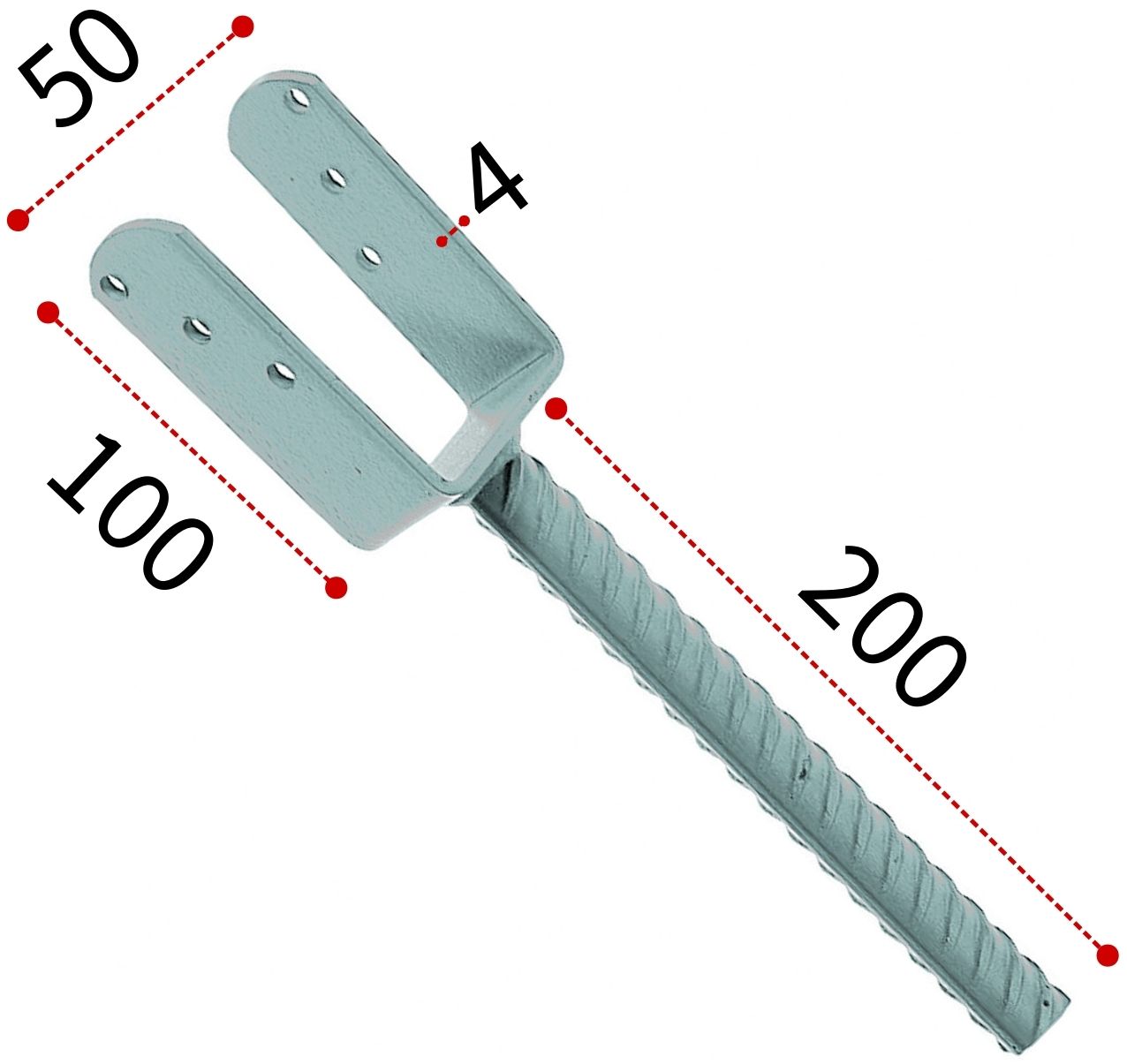 Основание колонны бруса U-образное 50х100х40х20х200 толщина 4 мм Петротех, оцинкованная сталь - фото