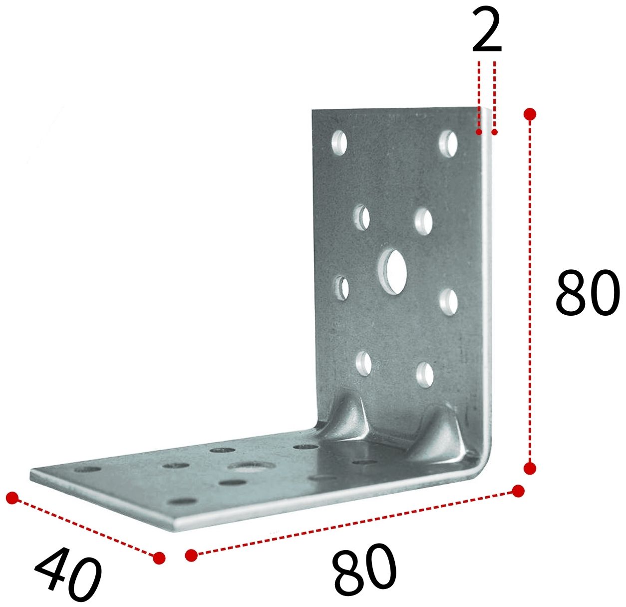 Уголок крепежный усиленный 80х80х40х2 мм Буратино 1/6, оцинкованная сталь - фото