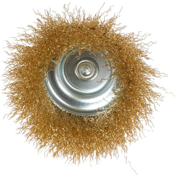Щетка-крацовка чашечная для дрели 75 мм, витая стальная латунированная проволока, Mirax 35147-075 - фото