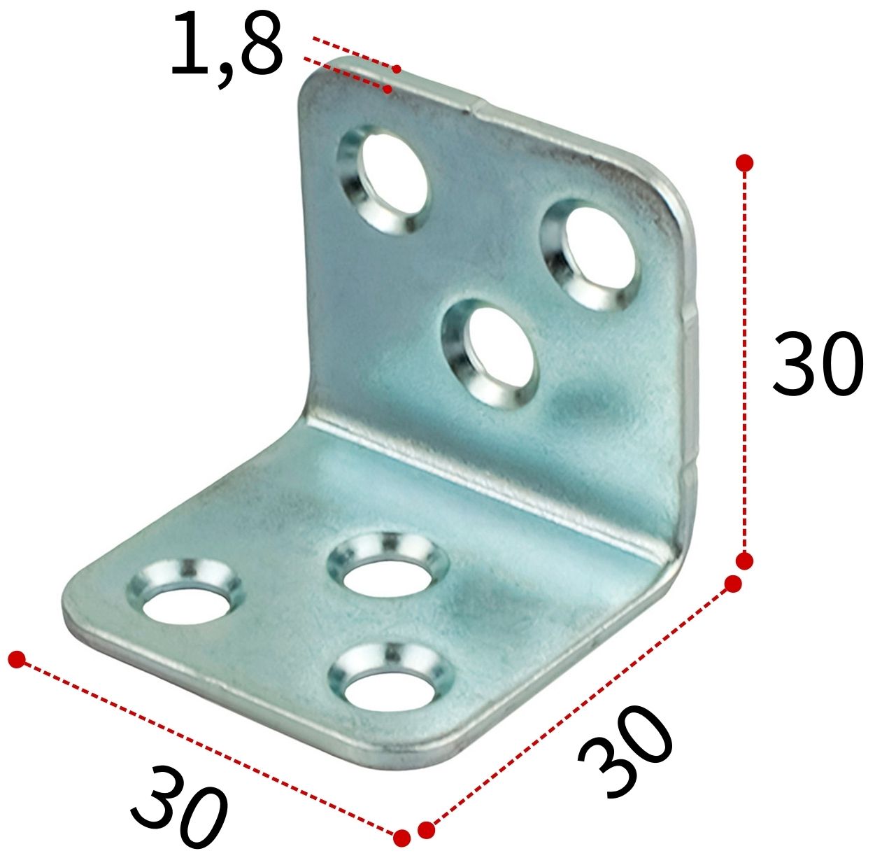 Уголок крепежный мебельный 30х30х30х1,8 мм, оцинкованная сталь - фото