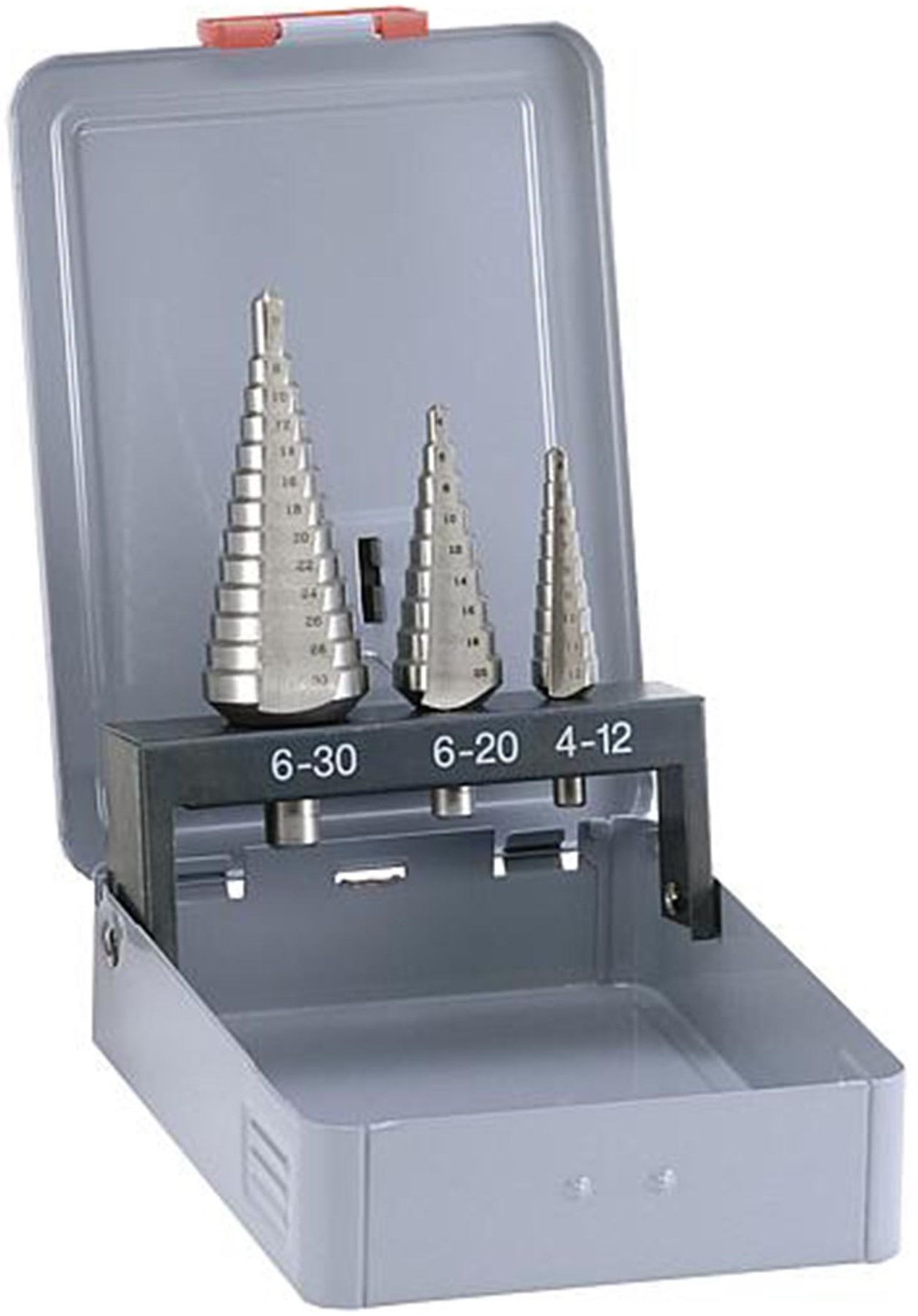 Набор сверл по металлу ступенчатых 4-12/4-20/6-30 мм HSS-G Bucovice 641805, 3 предмета - фото