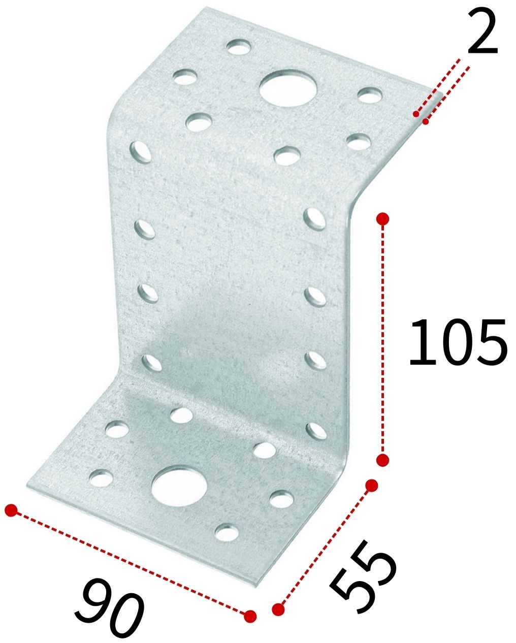 Уголок крепежный Z-образный усиленный 55х105х90х2,0 мм KUZUS, оцинкованная сталь - фото