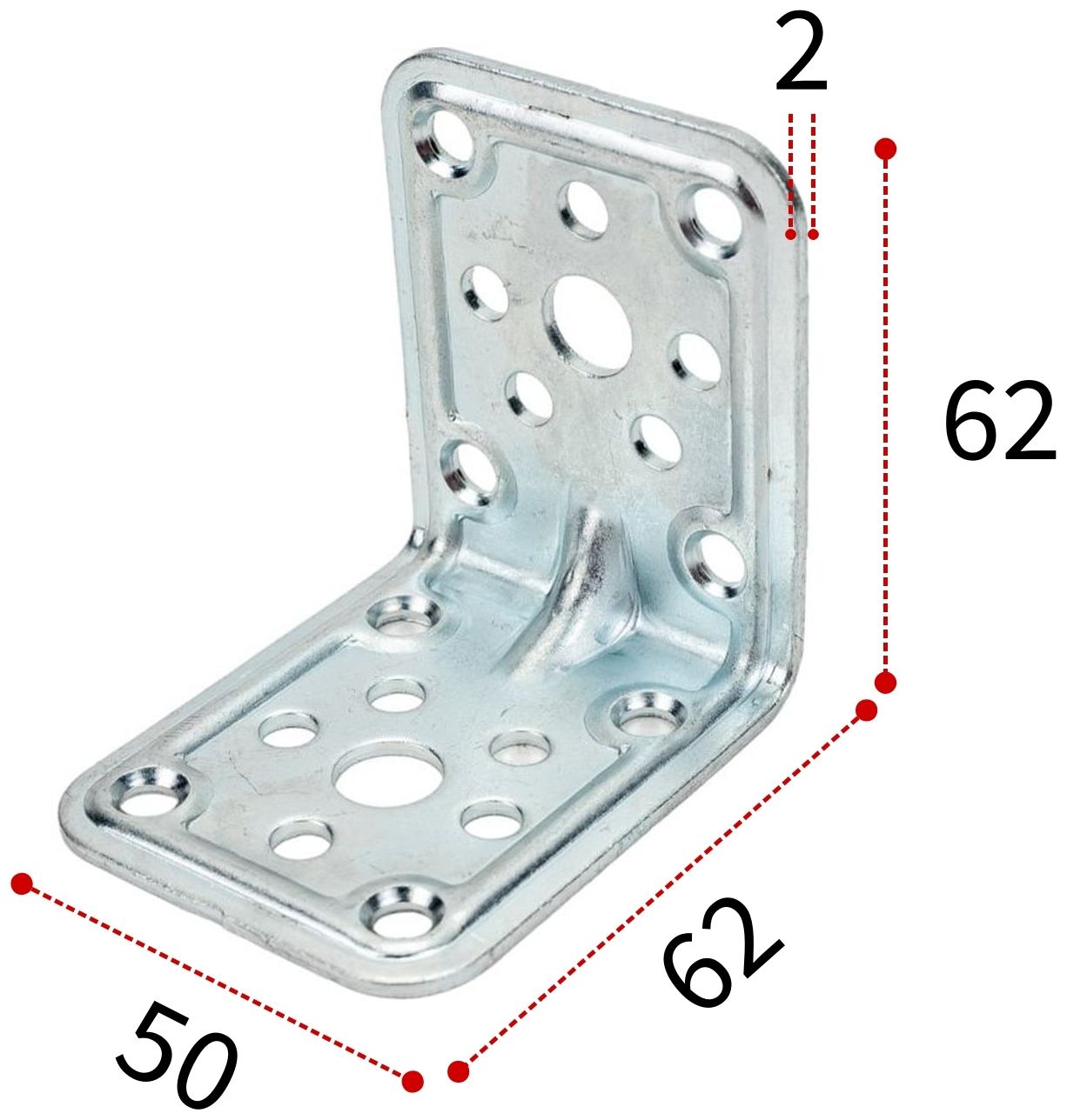 Уголок крепежный усиленный 62х62х50 мм, оцинкованная сталь - фото