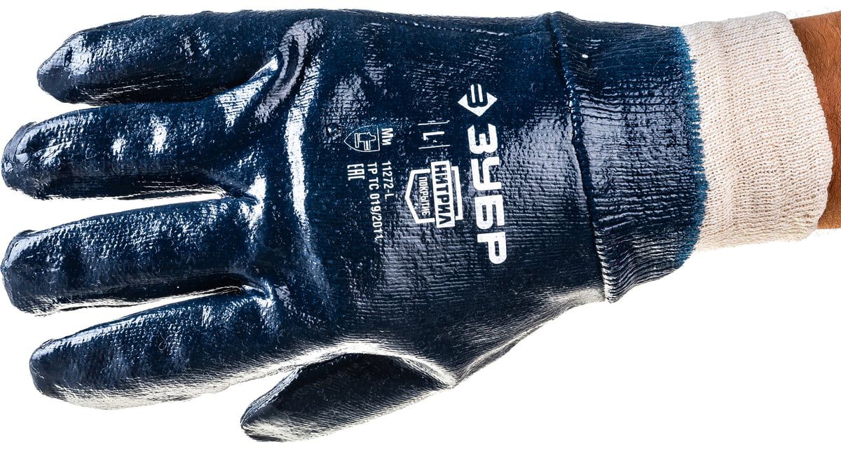 Перчатки с манжетой L (9) маслобензостойкие с нитриловым покрытием Hard ЗУБР 11272-L - фото