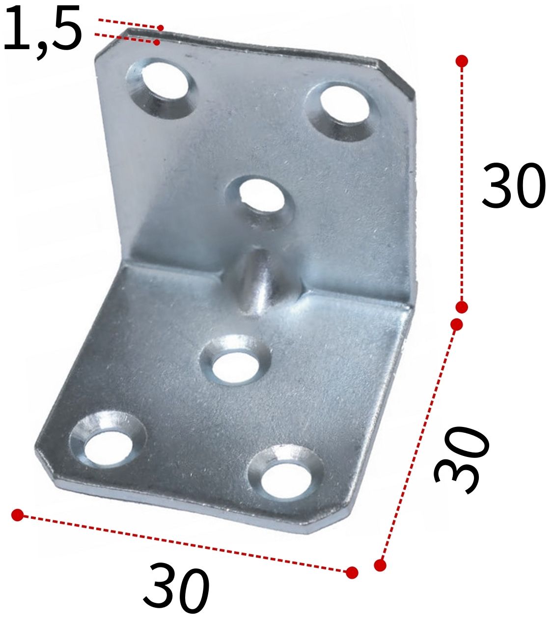 Уголок крепежный мебельный усиленный 30х30х30х1,5 мм, оцинкованная сталь - фото