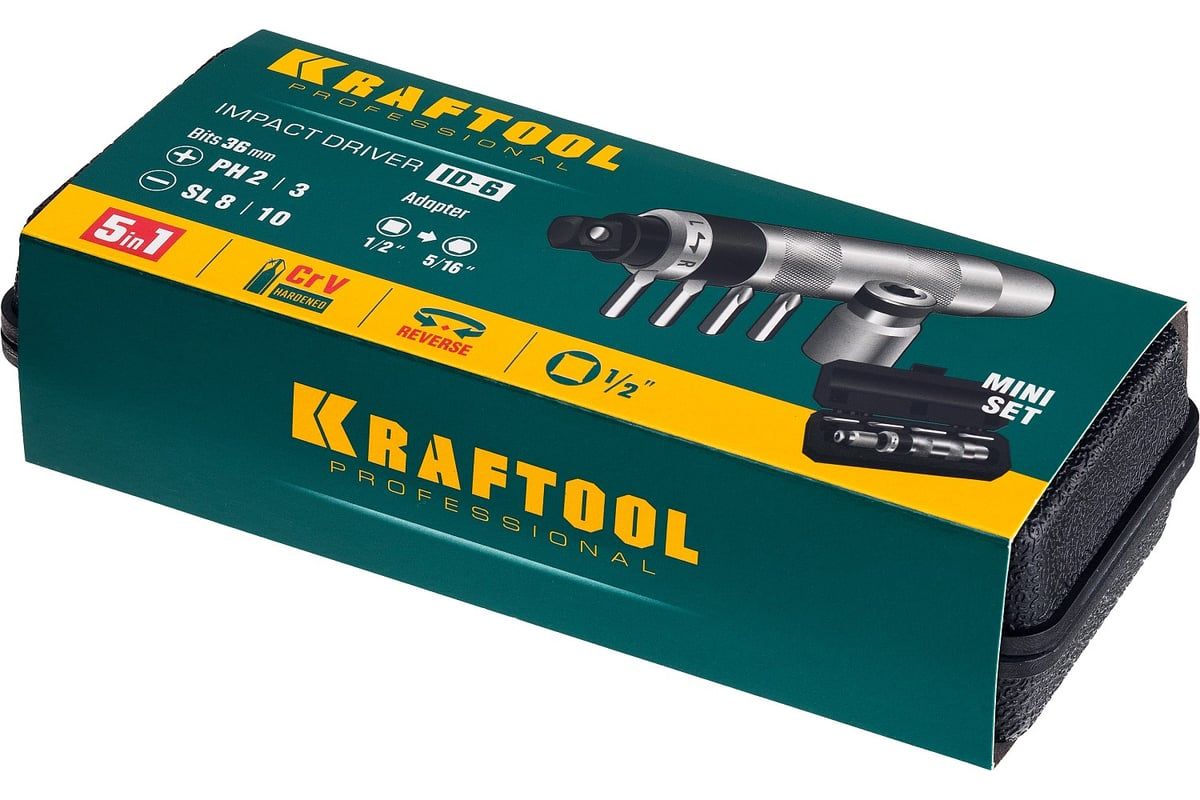 Отвертка ударно-поворотная с битами Kraftool ID-6 25555, 6 предметов - фото