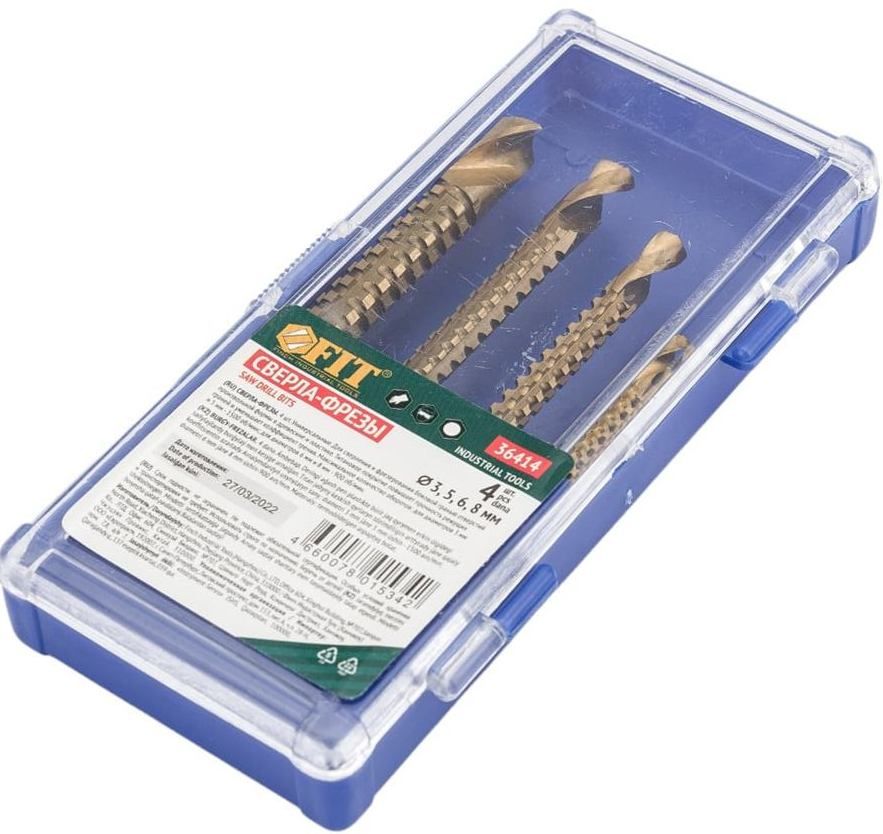 Набор свёрл-фрез универсальных с титановым покрытием FIT 36414, 4 предмета в боксе - фото
