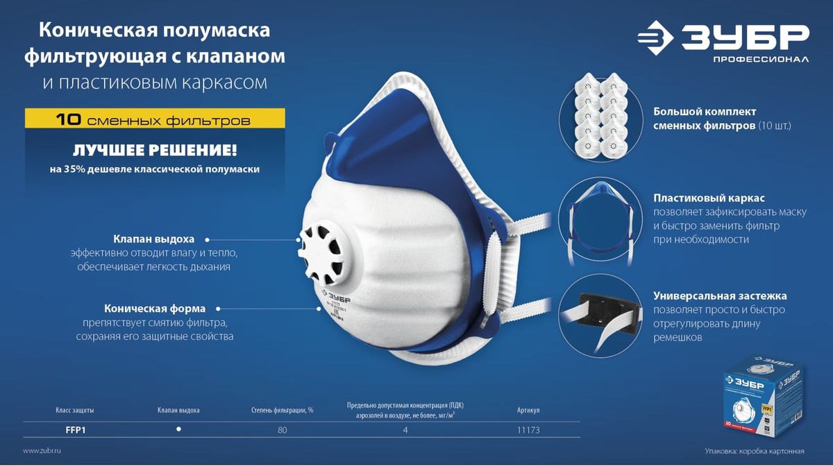Полумаска фильтрующая коническая класс FFP1 пластиковый каркас, 10 фильтров ЗУБР 11173 - фото