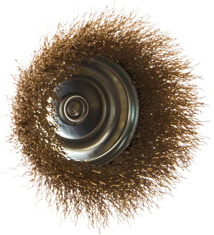 Щетка-крацовка чашечная для дрели 75 мм, витая стальная латунированная проволока, Mirax 35147-075 - фото