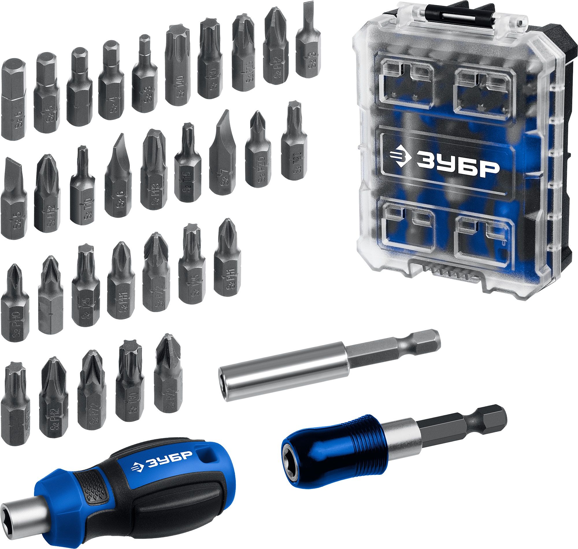 Отвертка с битами SL, PH, PZ, TX, HEX и адаптером ЗУБР Компакт 25173, 34 предмета в кейсе - фото