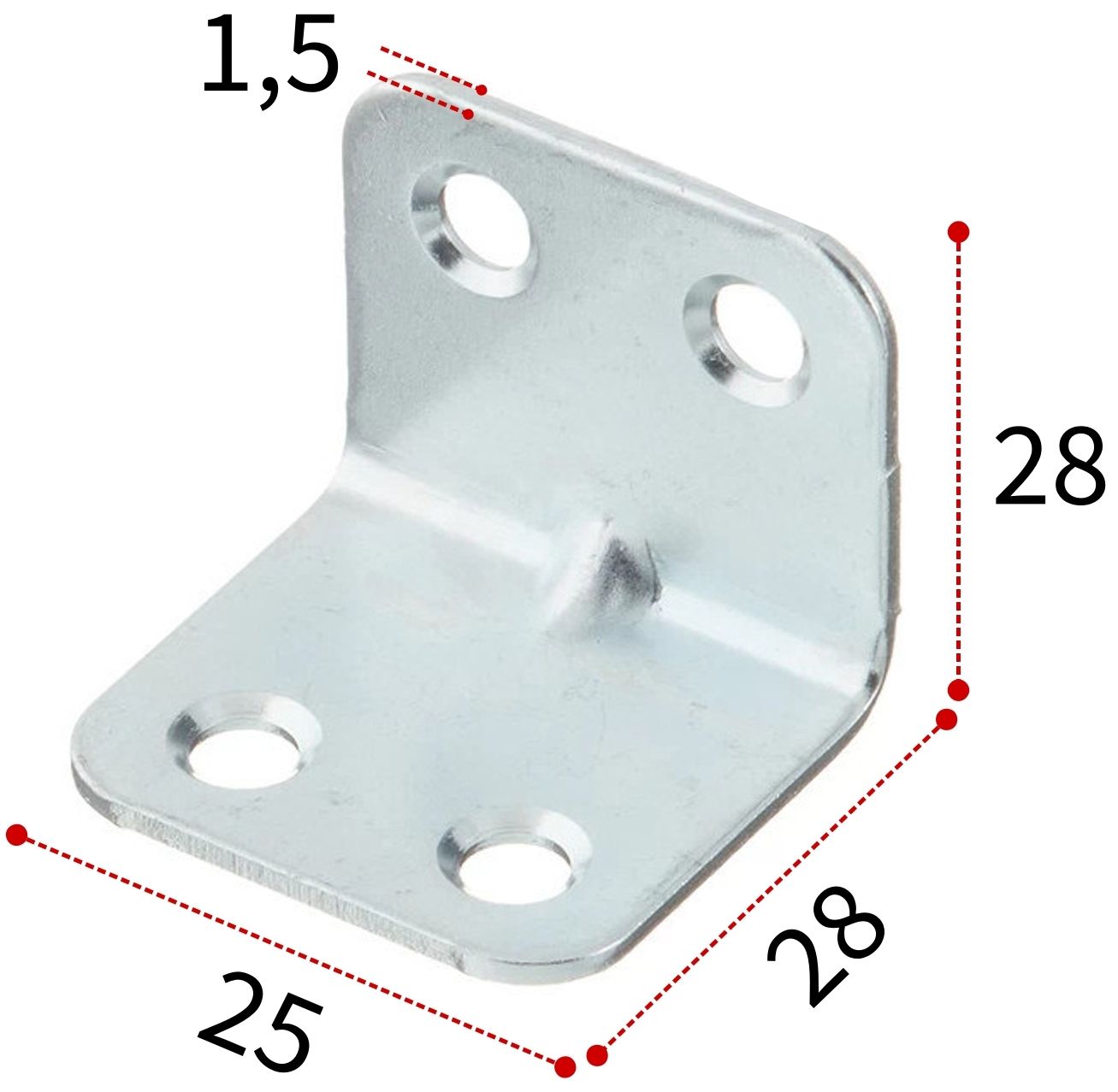 Уголок крепежный мебельный усиленный 28х28х25х1,5 мм, оцинкованная сталь - фото