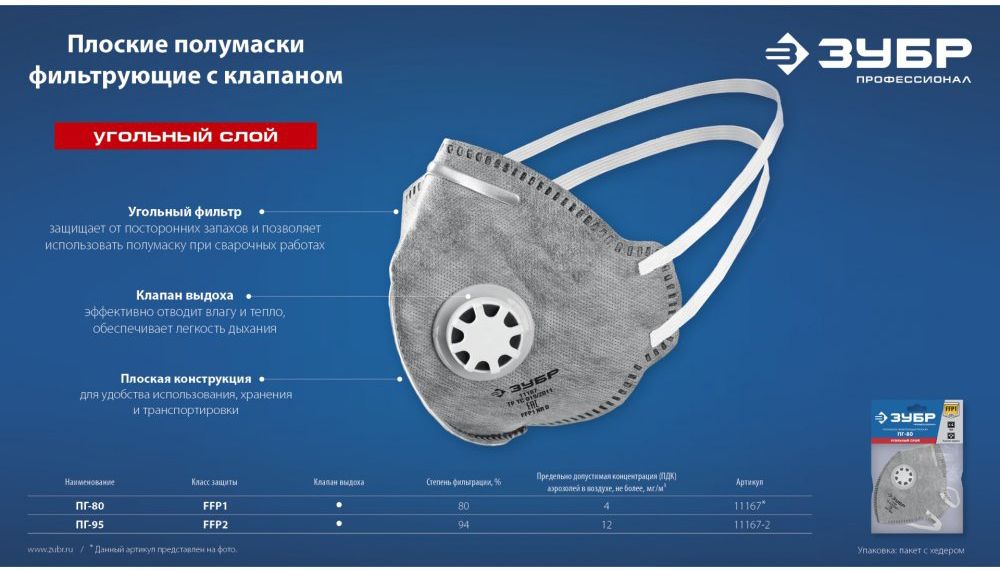 Полумаска фильтрующая класс защиты FFP2, плоская ПГ-95 ЗУБР 11167-2_z01 - фото
