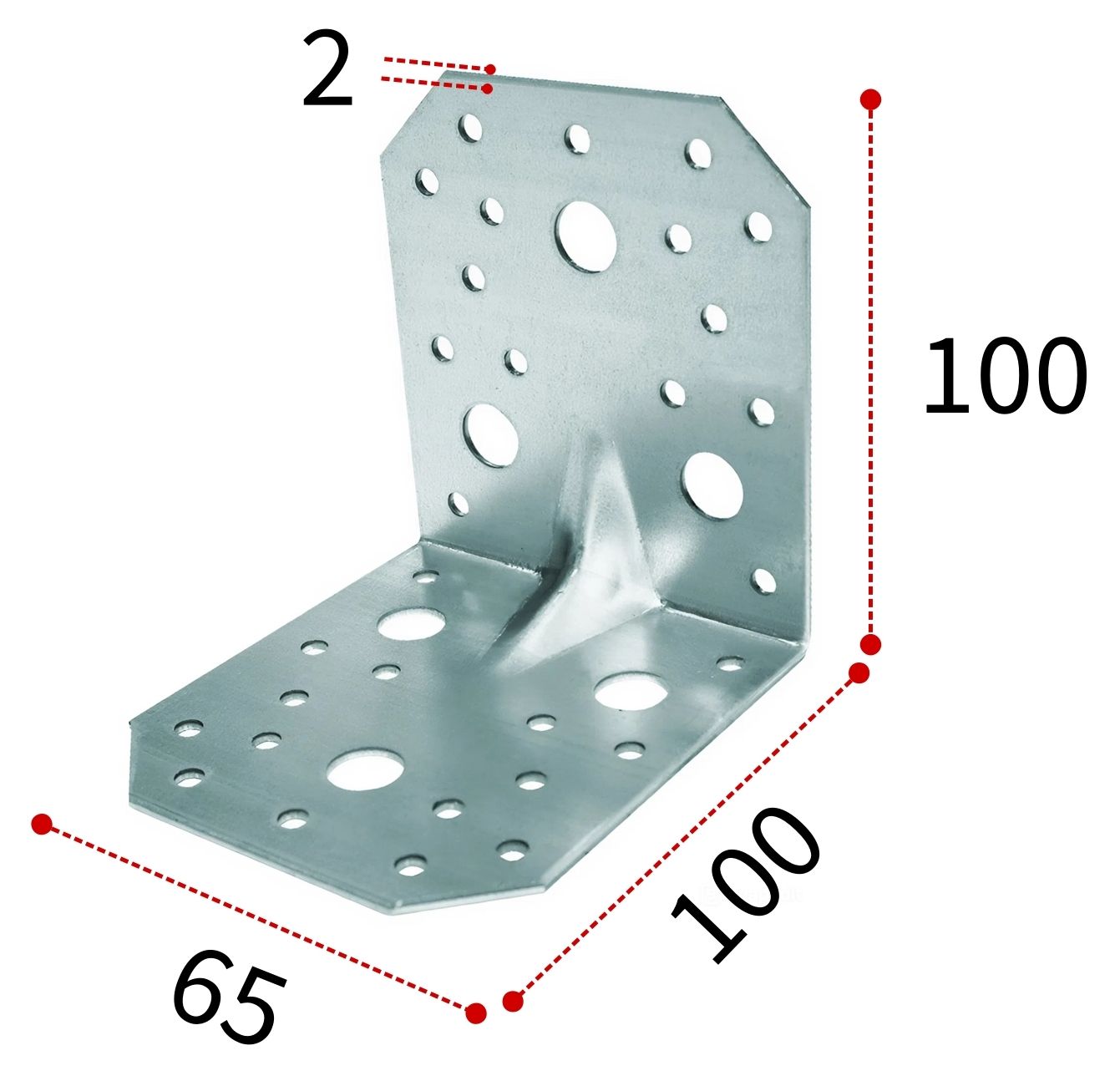 Уголок крепежный усиленный 100х100х65х2 мм Буратино 3/4, оцинкованная сталь - фото