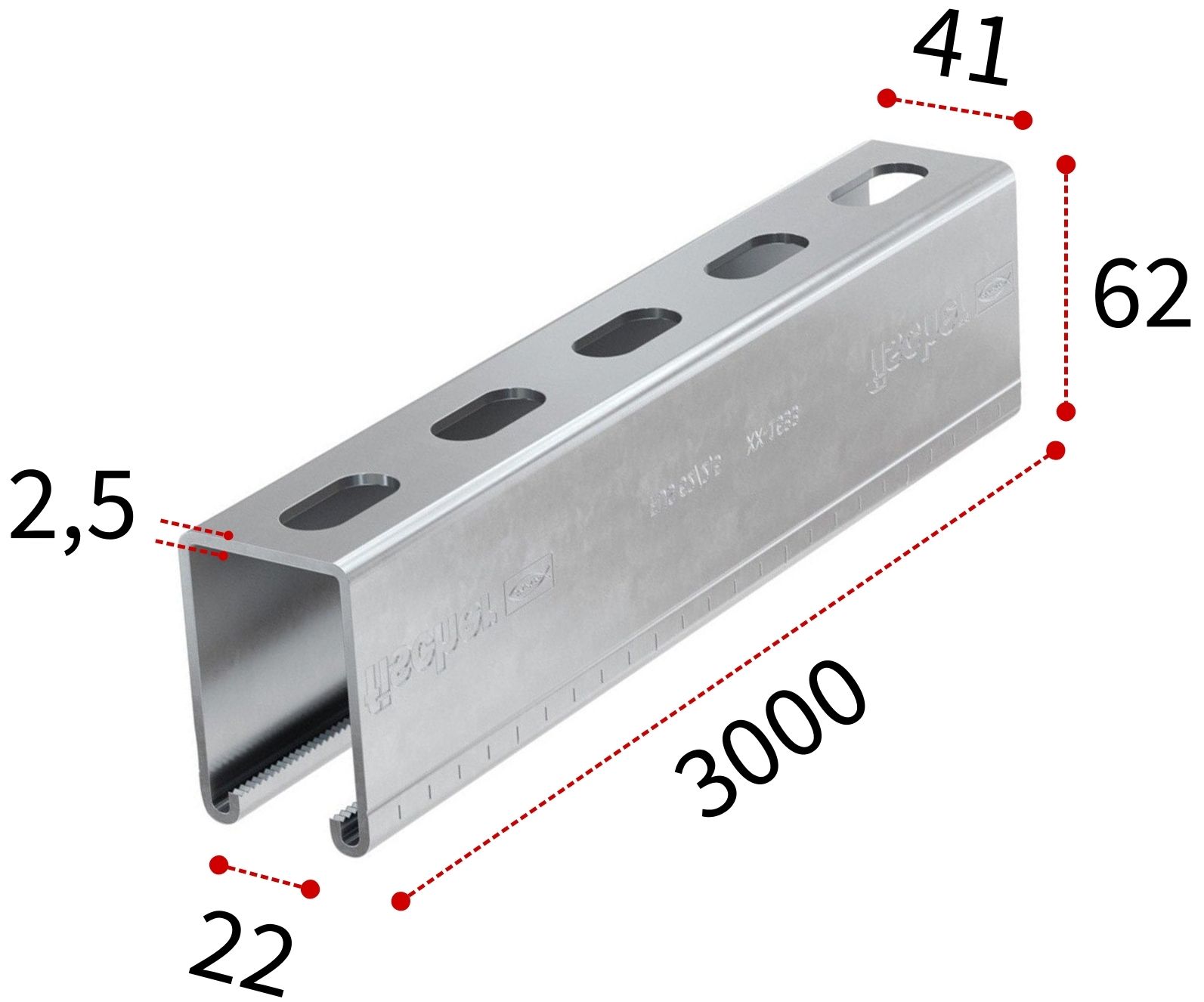 Профиль монтажный С-образный 62х2,5х3000 мм Fischer FUS 517427, горячеоцинкованная сталь - фото