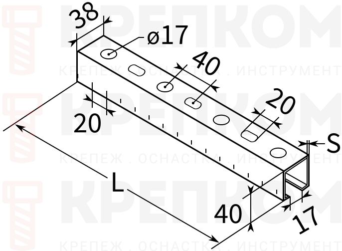 Профиль монтажный С-образный 38х40 мм, тип S TERMOCLIP - схема, чертеж