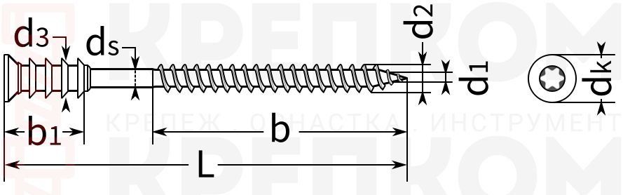 Шуруп дистанционный с потайной головкой TORX, оцинкованная сталь  Шуруп дистанционный с потайной головкой TORX, оцинкованная сталь - схема