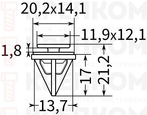 Клипса автомобильная нажимная 1956 - схема, чертеж