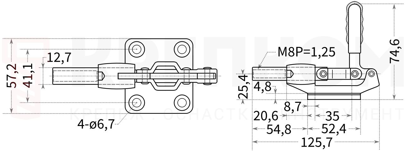 Зажим плунжерный (рычажный) 32 мм с уменьшенной ручкой (415D) - схема Зажим плунжерный (рычажный) 32 мм с уменьшенной ручкой (415D) - схема