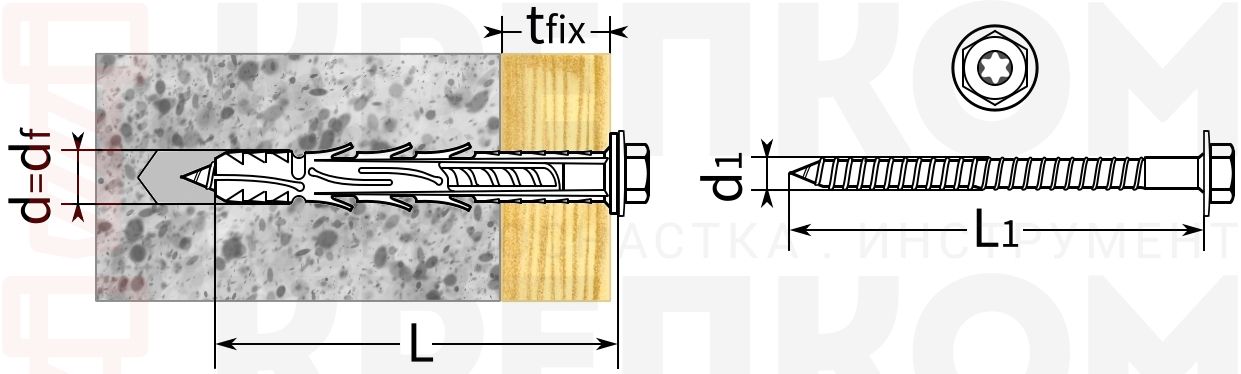 Дюбель фасадный с шурупом с шестигранной головкой 10х200 мм Rawlplug R-FF1-N-10K200 - чертеж, схема