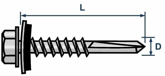 Саморез фасадный для тонких листов 4,5х25 мм с EPDM-шайбой WS 9191, нержавеющая сталь А2 Саморез фасадный для тонких листов 4,5х25 мм с EPDM-шайбой WS 9191, нержавеющая сталь А2 - схема