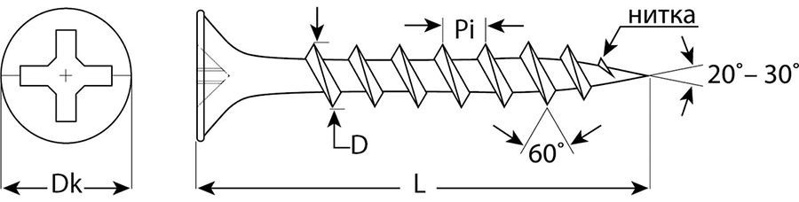 Саморез гипсокартон-дерево СГД Kraftool - схема Саморез гипсокартон-дерево СГД Kraftool - схема