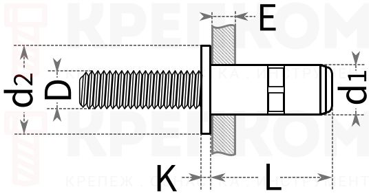 Резьбовая заклепка с винтом и цилиндрическим бортиком - схема Резьбовая заклепка с винтом и цилиндрическим бортиком - схема