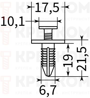 Клипса автомобильная с резьбовым штырьком 614 - схема, чертеж