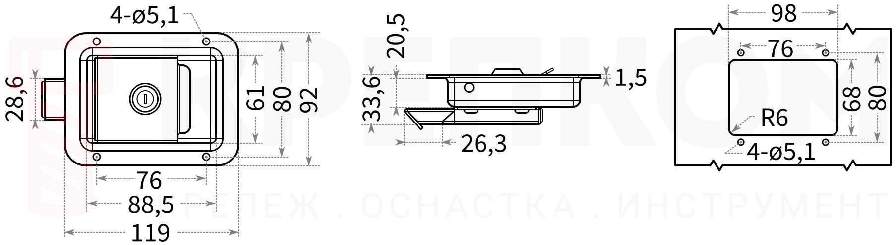 Замок внутренний с защелкой N51C - размеры, схема Замок внутренний с защелкой N51C - размеры, схема