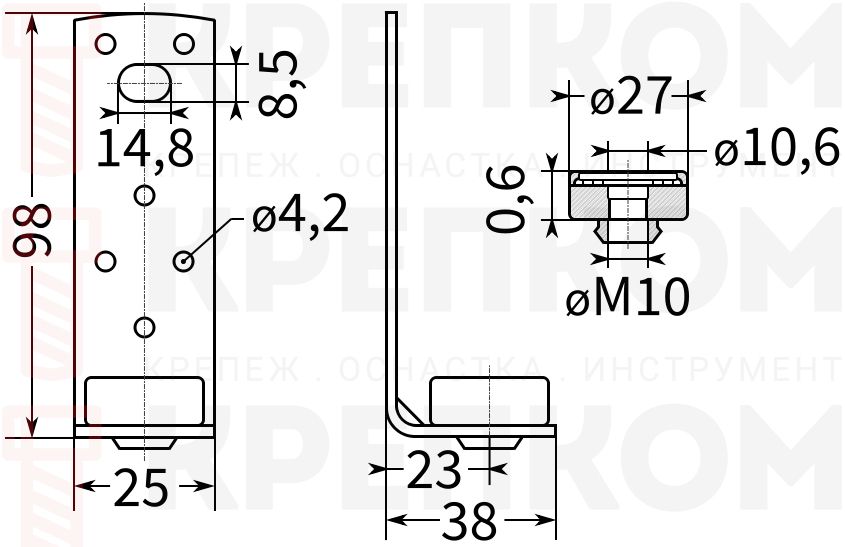 Кронштейн для воздуховода L-образный с виброгасителем под шпильку М8-М10 - схема, чертеж