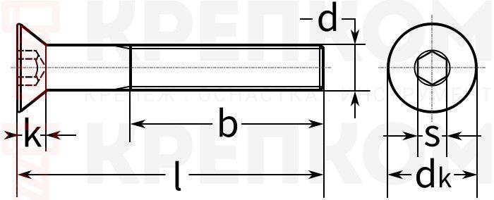 Винт с потайной головкой и внутренним шестигранником DIN 7991 ISO 10642 - чертеж, схема Винт с потайной головкой и внутренним шестигранником DIN 7991 ISO 10642 - чертеж, схема