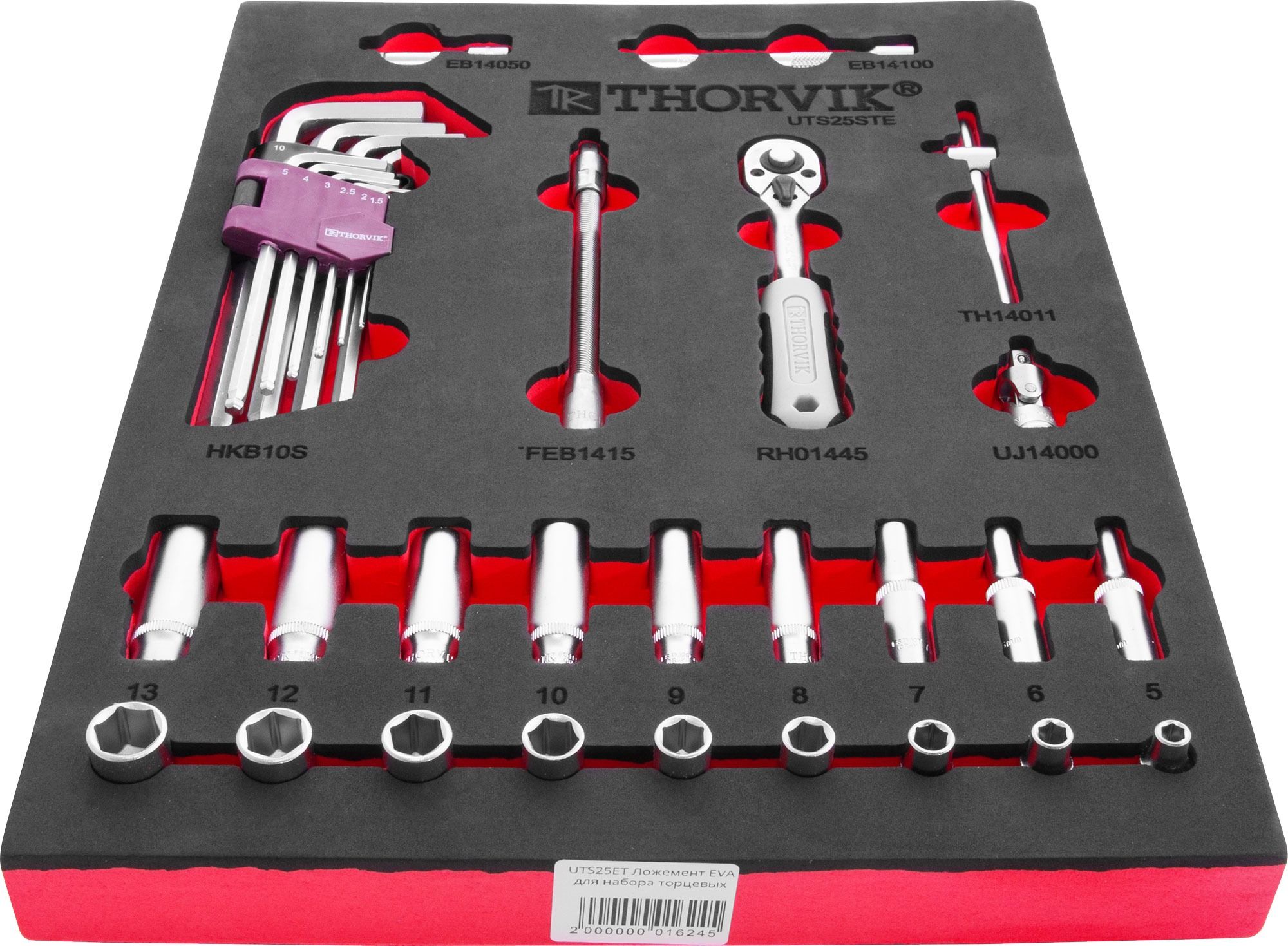 Набор торцевых головок 1/4" с принадлежностями в EVA ложементе 280х375 мм Thorvik UTS25STE, 25 предметов - фото
