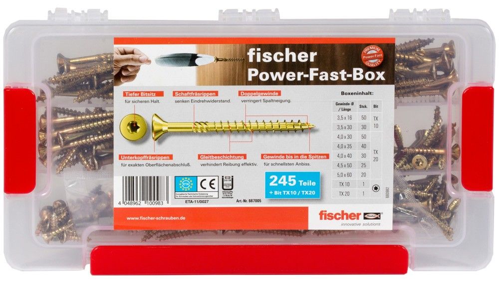 Набор саморезов по дереву Fischer FAB FPF-ST шлиц Torx, d3,5-5 мм; L16-60 мм 667005 (245 шт.) - фото