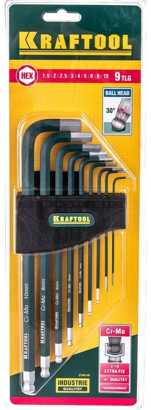 Набор ключей имбусовых удлиненных с шаром  Hex Kraftool Industrie 27445-H9, 9 шт, хромомолибденовая сталь - фото