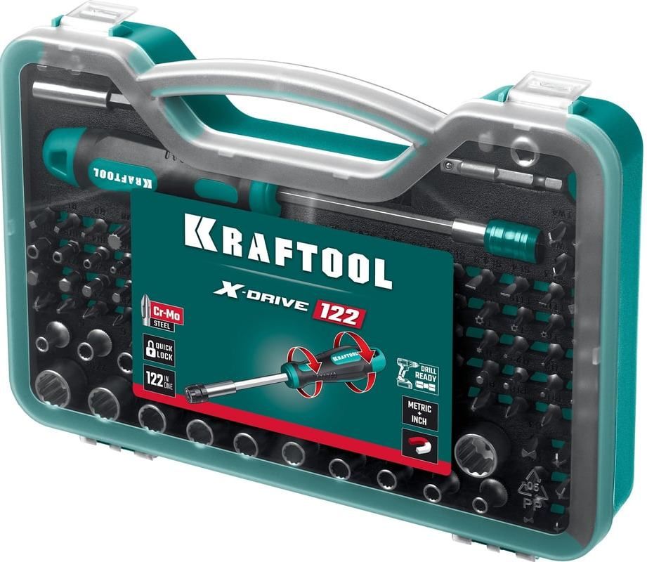 Отвёртка с насадками и адаптерами Kraftool X-Drive-122 26816, 122 предмета в кейсе - фото