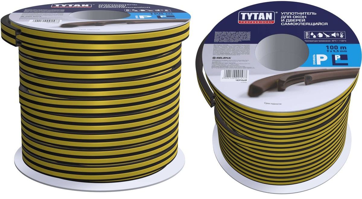 Уплотнитель самоклеящийся для окон и дверей 9х5,5 мм, 100 м P-профиль TYTAN Professional 91577, черный - фото