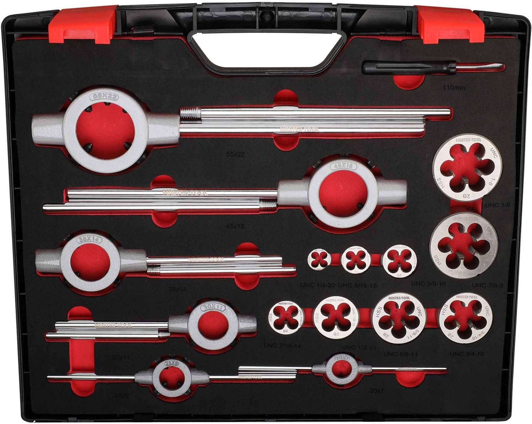Набор метчиков и плашек UNC 1/4"-1" HSS-G Master-Tool 1014901010005, 46 предметов - фото