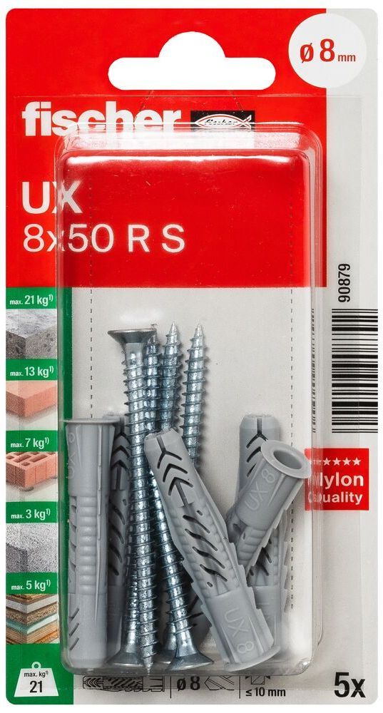 Универсальный дюбель UХR 8х50 S с кромкой и потайным шурупом Fischer 090879, нейлон, 5 шт в блистере - фото