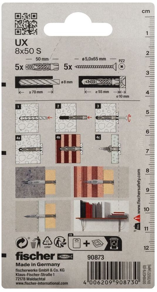 Универсальный дюбель UХ 8х50 S с потайным шурупом Fischer 090873, нейлон 5 шт в блистере - фото