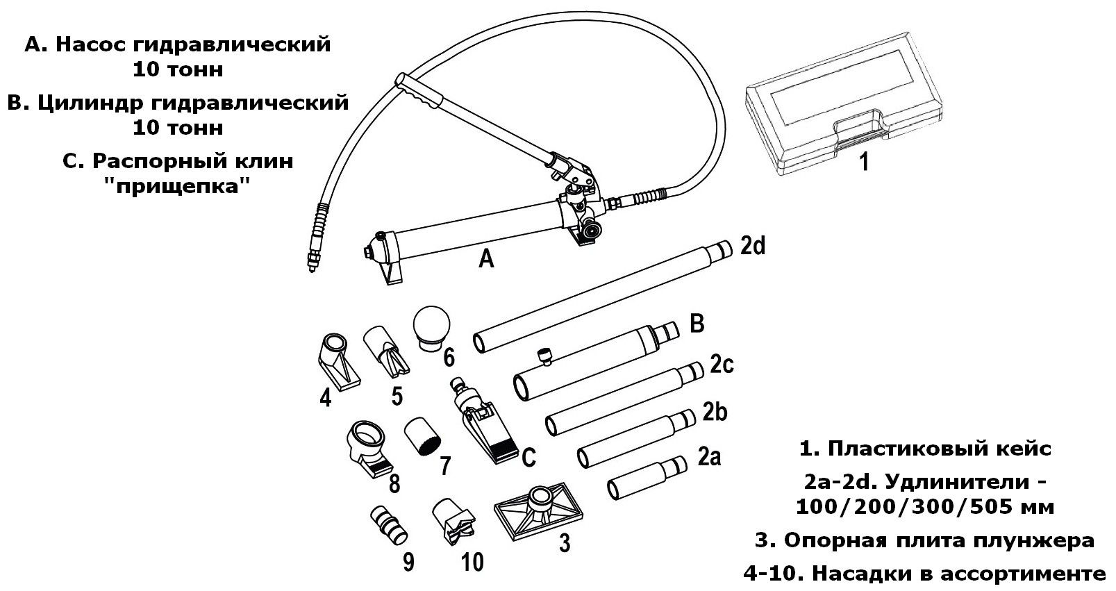 Набор гидравлического инструмента для кузовного ремонта 10 тонн Ombra OHT918N, 17 штук - фото