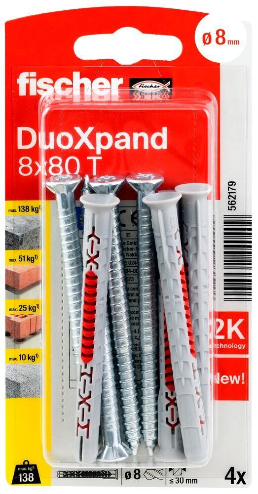 Дюбель фасадный DuoXpand 8x80 T Fischer 562179, с потайным шурупом, оцинкованная сталь, 4 шт в блистере - фото