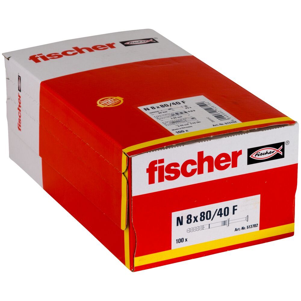 Дюбель-гвоздь 8х80 с цилиндрическим бортиком Fischer N-F 513702, оцинкованная сталь, 100 шт - фото