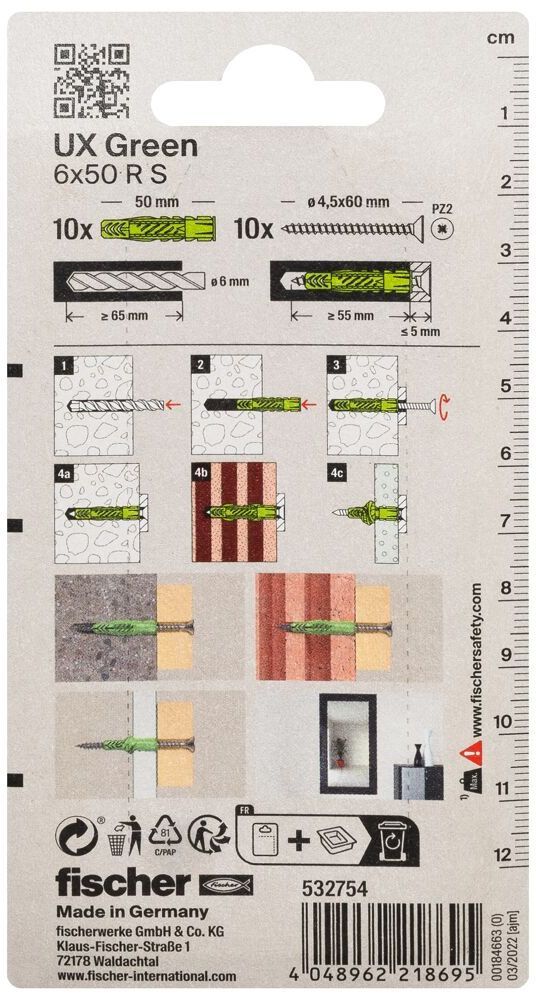 Универсальный дюбель UX 6х50 RS с кромкой и шурупом Fischer 532754, зелёные нейлон, 10 шт в блистере - фото