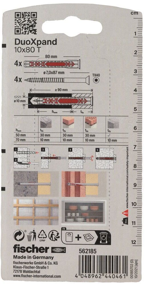Дюбель фасадный DUOXpand 10x80 T Fischer 562185 с потайным шурупом, оцинкованная сталь, 4 шт в блистере - фото