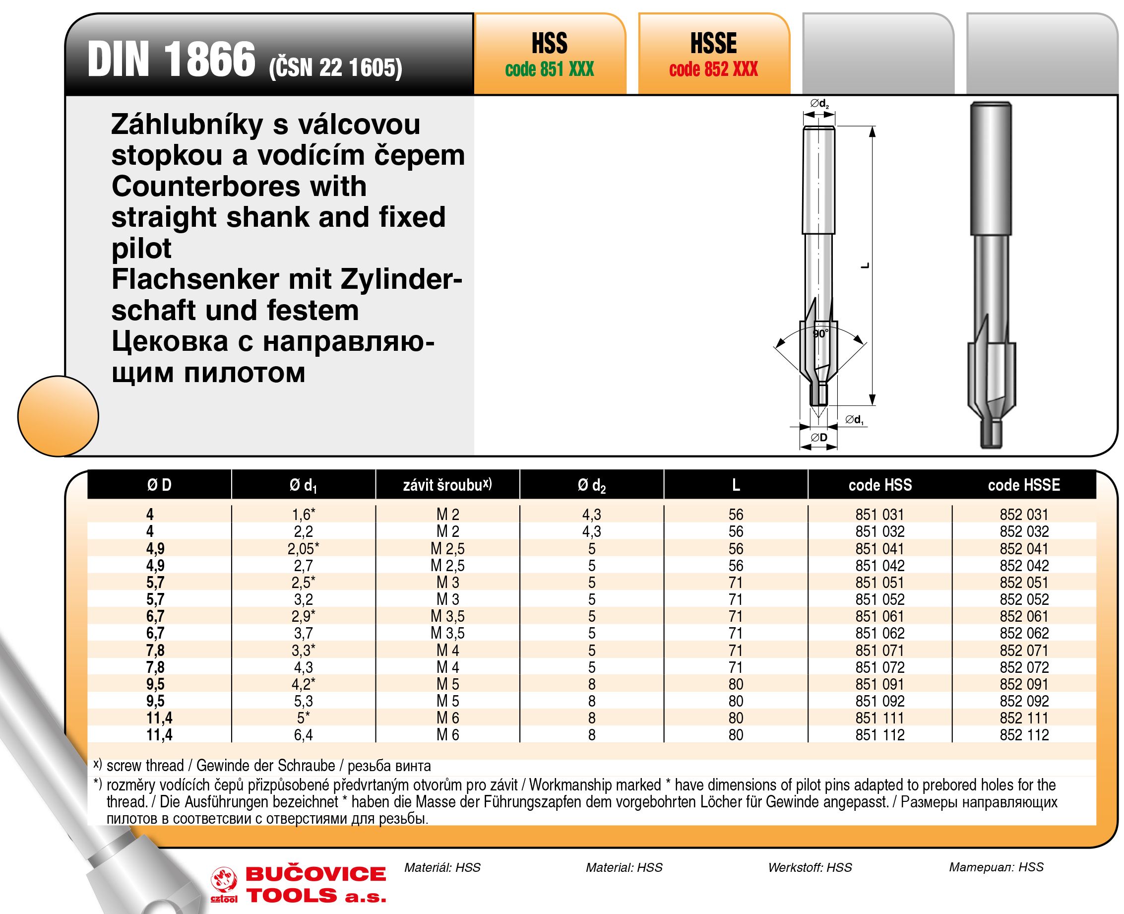 Цековка с цилиндрическим хвостовиком HSS 90° DIN1866 Bucovice - фото