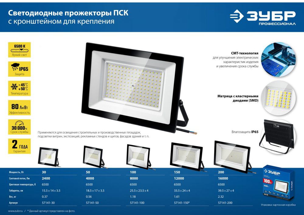Прожектор светодиодный 6500 К IP 65 ПСК Профессионал ЗУБР - фото